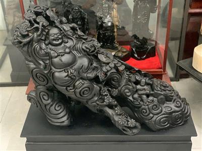 Tượng Di Lặc Nhị Phúc Gỗ Mun Sừng Liền Khối, Tượng Di Lặc Ngồi Nhị Tiểu Đồng Gỗ Mun Sừng, Tượng Phật Di Lặc Gỗ Mun Sừng