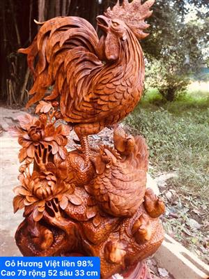 Tượng Gia Đình Gà Phong Thuỷ, Gà Phong Thuỷ Gỗ Hương Việt, Kim Kê Phong Thuỷ