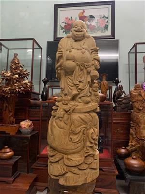 Tượng Phật Di Lặc Gỗ Ngọc Am Thơm Liền Khối, Tượng Di Lặc Đứng Bao Tiền Gỗ Ngọc Am Liền Nguyên Khối