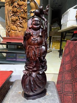Tượng Phật Di Lặc Đứng Bao Tiền Gỗ Trấc Việt Liền Khối, Tượng Di Lặc Tay Cầm Vàng Gỗ Trắc