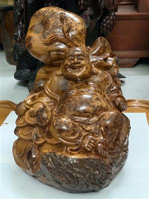 Tượng Phật Di Lặc Ngồi Gỗ Nu Ngọc Am, Phật Di Lặc Hoan Hỷ Ngồi Bao Tiền Gỗ Nu Ngọc Am Liền Khối