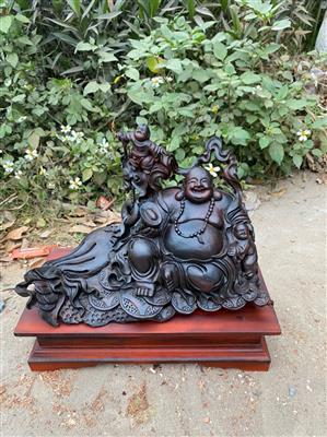 Tượng Phật Di Lặc Gỗ Trắc Nguyên Khối, Tượng Di Lặc Gỗ Trắc Ngồi Nhị Tiểu Đồng Liền Khối