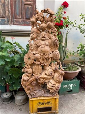 Tượng Phật Di Lặc Gỗ Ngọc Am Thơm Ngát Liền Khối, Tượng Di Lặc Gỗ Ngọc Am Tam Tiểu Đứng Vác Cành Đào Tài Lộc