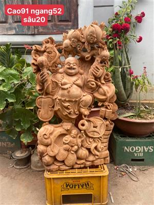 Tượng Phật Di Lặc Gỗ Ngọc Am Thơm Nức Liền Khối, Tượng Di Lặc Nhị Tiểu Đứng Vác Cành Đào Tài Lộc