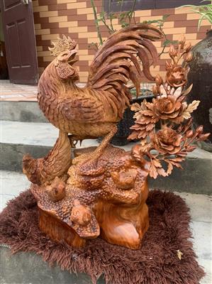 Tượng Gia Đình Gà Gỗ Hương, Tượng Gia Đình Gà Phú Quý Tài Lộc Gỗ Hương