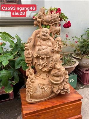 Tượng Phật Di Lặc Gỗ Ngọc Am Liền Khối Thơm Nức, Tượng Di Lặc Gỗ Ngọc Am Tam Phúc Đứng Gánh Đào Liền Khối