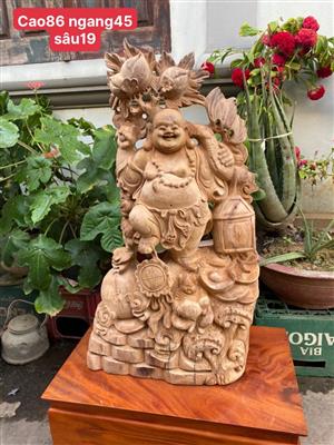 Tượng Phật Di Lặc Gỗ Ngọc Am Liền Khối Thơm Nức, Tượng Di Lặc Gỗ Ngọc Am Nhất Phúc Đứng Gánh Đào Liền Khối