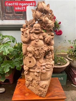 Tượng Phật Di Lặc Gỗ Ngọc Am Liền Khối Thơm Nức, Tượng Di Lặc Gỗ Ngọc Am Tam Phúc Đứng Gánh Đào Liền Khối