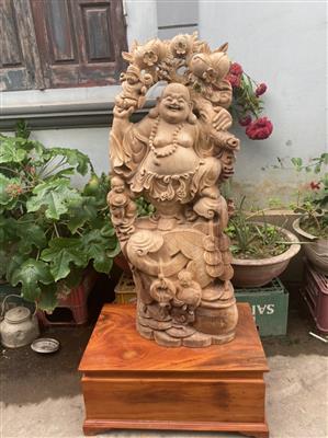 Tượng Phật Di Lặc Gỗ Ngọc Am Liền Khối Thơm Nức, Tượng Di Lặc Gỗ Ngọc Am Tam Phúc Đứng Gánh Đào Liền Khối