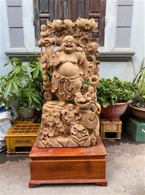 Tượng Phật Di Lặc Ngũ Phúc Gỗ Ngọc Am Liền Khối Thơm Nức, Tượng Di Lặc Ngũ Phúc Đứng Gánh Đào Gỗ Ngọc Am Liền Khối