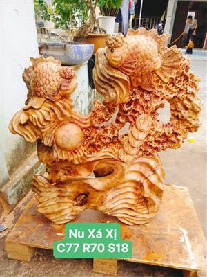 Tượng Song Ngư Gỗ Nu Xá Xị Liền Khối, Song Ngư Trầu Ngọc Gỗ Xá Xị