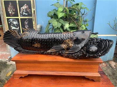 Tượng Cá Kim Long Tài Lộc Gỗ Mun Sừng Liền Khối, Cá Kim Long Gỗ Mun Sừng Quý Hiếm