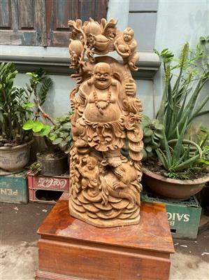 Tượng Phật Di Lặc Gỗ Ngọc Am Liền Khối Thơm Nức, Tượng Di Lặc Đứng Cóc Nhị Phúc Gỗ Ngọc Am Liền Khối