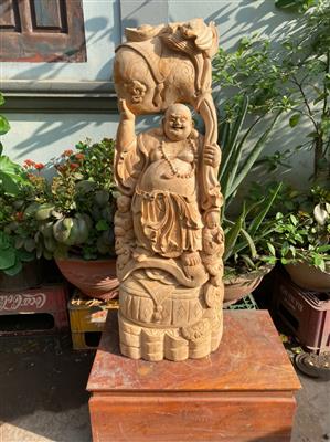 Tượng Phật Di Lặc Gỗ Ngọc Am Liền Khối Thơm Nức, Tượng Di Lặc Vác Bao Tiền Gỗ Ngọc Am Liền Khối