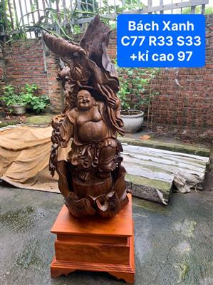 Tượng Phật Di Lặc Đứng Sen Gỗ Bách Xanh Liền Nguyên Khối