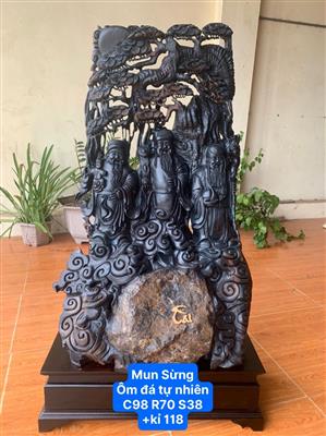 Tượng Tam Đa Phúc Lộc Thọ Gỗ Mun Sừng Khánh Hoà Quý Hiếm Ôm Đá Tự Nhiên
