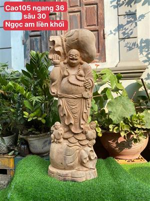 Tượng Phật Di Lặc Gỗ Ngọc Am Liền Khối Thơm Nức, Tượng Di Lặc Đứng Vác Bao Tiền
