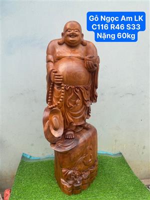 Tượng Phật Di Lặc Gỗ Ngọc Am Liền Khối Thơm Nức, Tượng Phật Di Lặc Tay Cầm Vàng Gỗ Ngọc Am