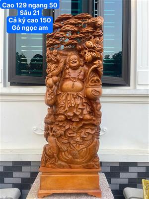 Tượng Di Lặc Gánh Đào Gỗ Ngọc Am Nguyên Khối , Tượng Di Lặc Đứng Cây Tùng Gỗ Ngọc Am